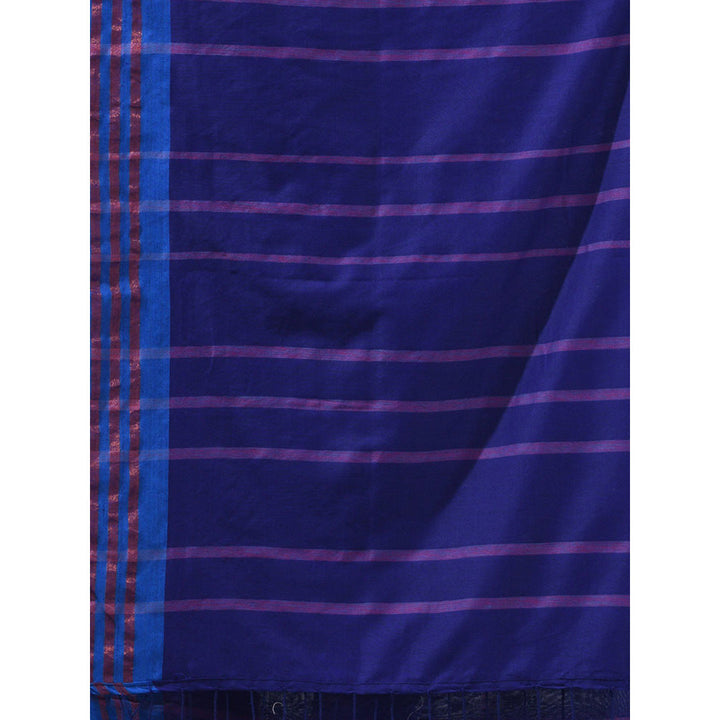 CHARUKRITI Navy Blue Cotton Stripes Design Saree with Unstitched Blouse