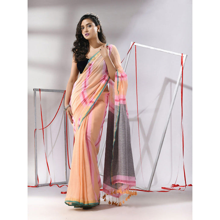 CHARUKRITI Peach Cotton Stripes Design Saree with Unstitched Blouse