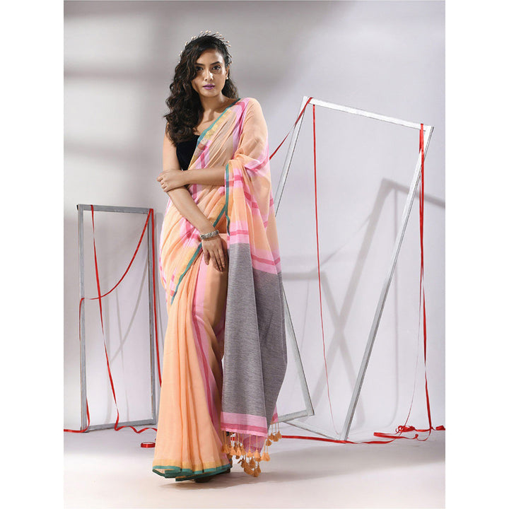 CHARUKRITI Peach Cotton Stripes Design Saree with Unstitched Blouse