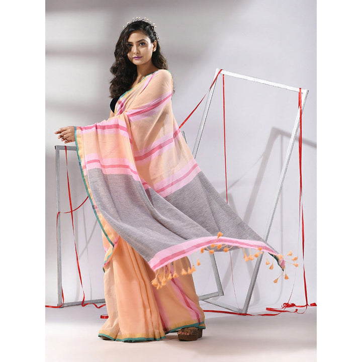 CHARUKRITI Peach Cotton Stripes Design Saree with Unstitched Blouse