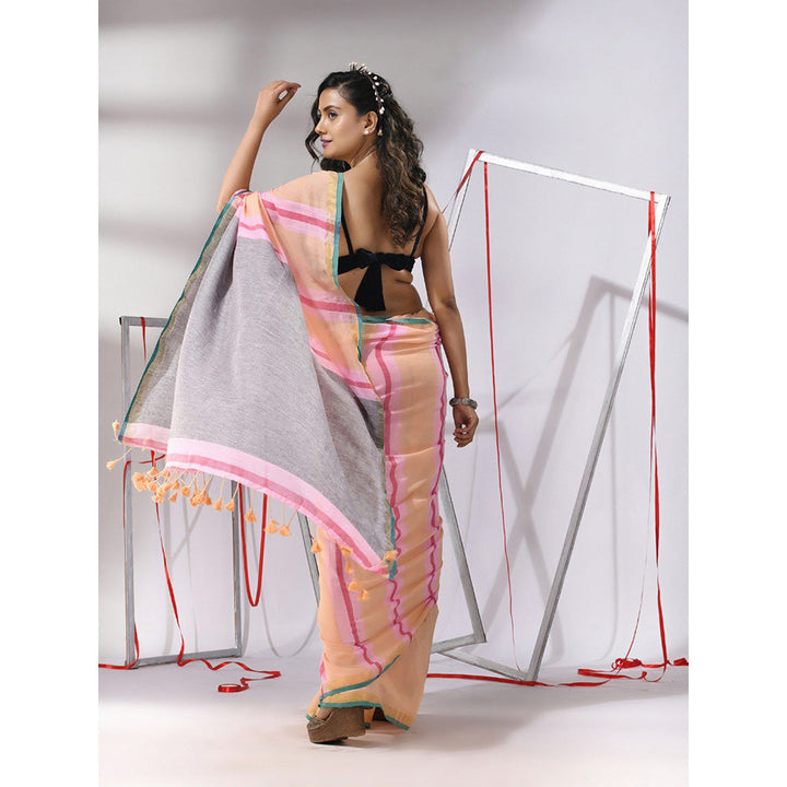 CHARUKRITI Peach Cotton Stripes Design Saree with Unstitched Blouse