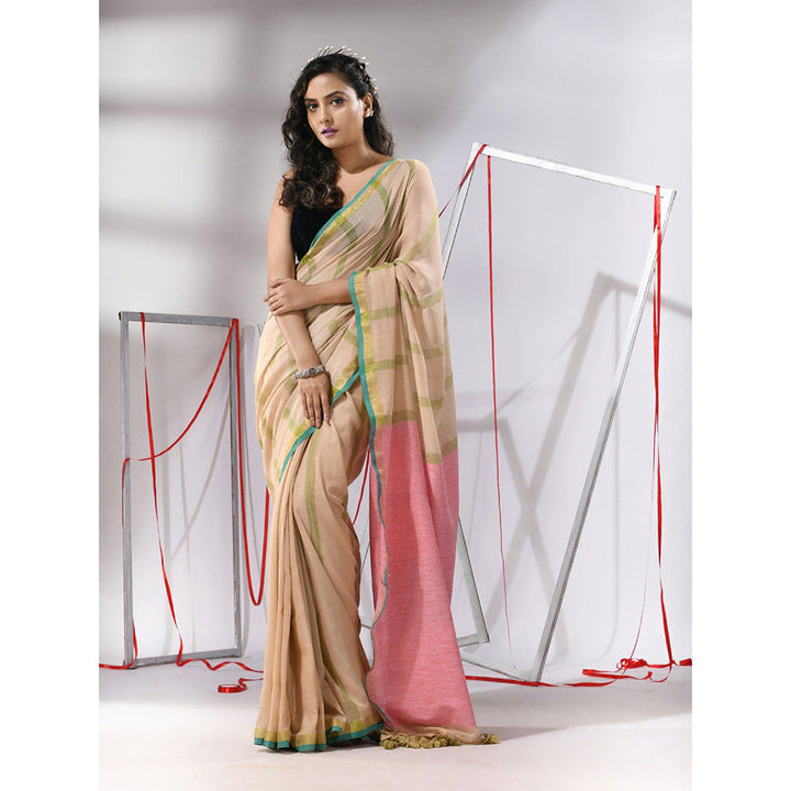 CHARUKRITI Beige Cotton Stripes Design Dual Border Saree with Unstitched Blouse