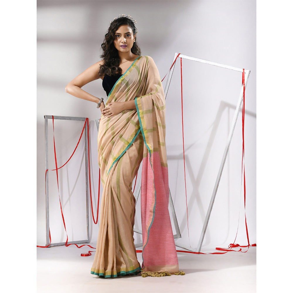 CHARUKRITI Beige Cotton Stripes Design Dual Border Saree with Unstitched Blouse