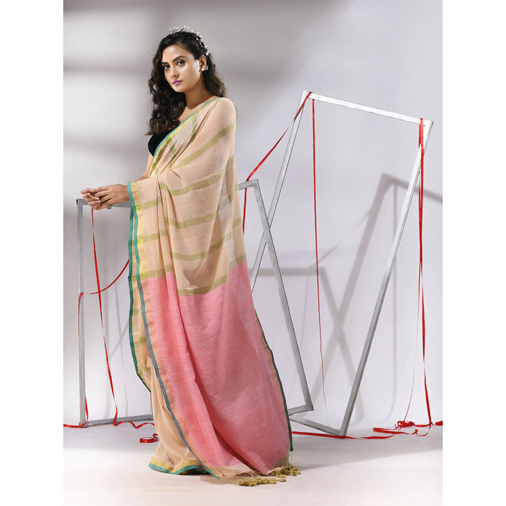 CHARUKRITI Beige Cotton Stripes Design Dual Border Saree with Unstitched Blouse