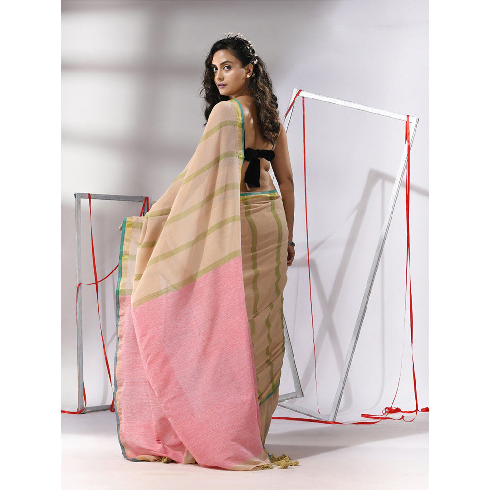 CHARUKRITI Beige Cotton Stripes Design Dual Border Saree with Unstitched Blouse