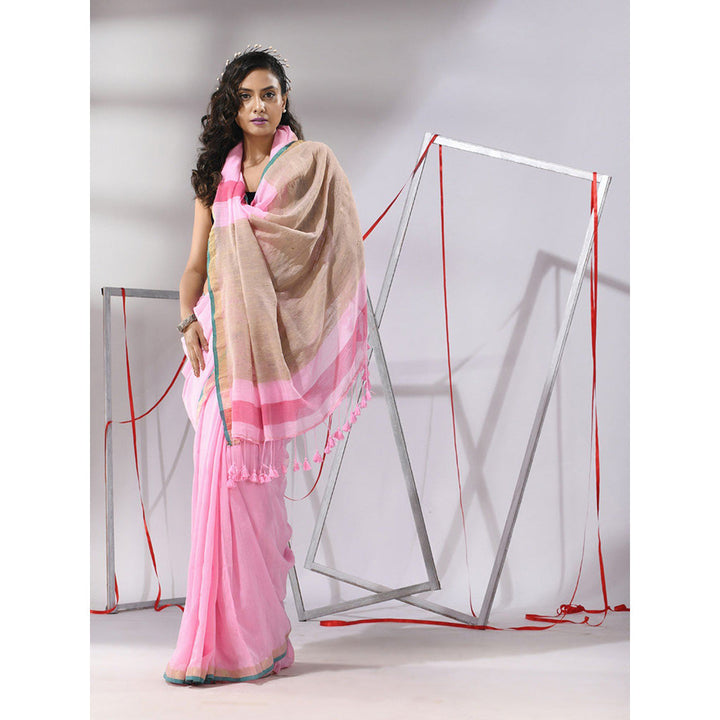 CHARUKRITI Baby Pink Cotton Dual Border Saree with Unstitched Blouse