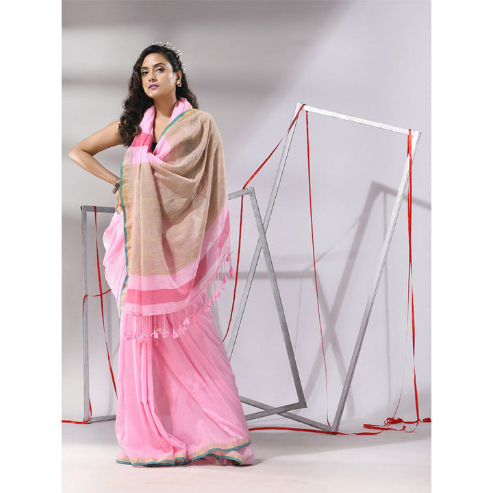 CHARUKRITI Baby Pink Cotton Dual Border Saree with Unstitched Blouse