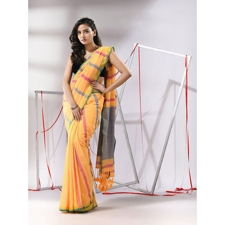 CHARUKRITI Yellow Cotton Stripes Design Saree with Unstitched Blouse