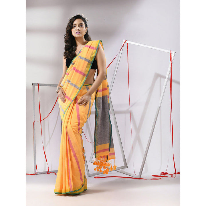 CHARUKRITI Yellow Cotton Stripes Design Saree with Unstitched Blouse