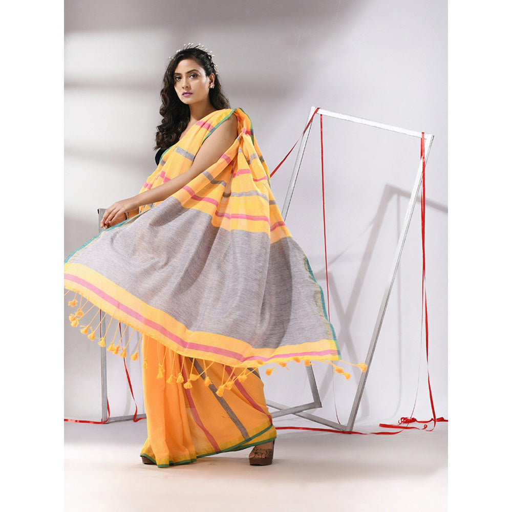 CHARUKRITI Yellow Cotton Stripes Design Saree with Unstitched Blouse