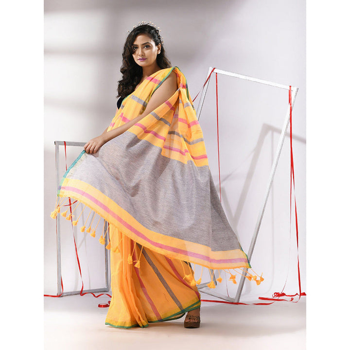 CHARUKRITI Yellow Cotton Stripes Design Saree with Unstitched Blouse