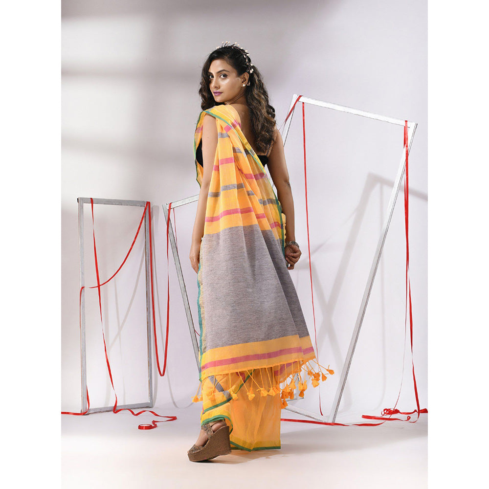 CHARUKRITI Yellow Cotton Stripes Design Saree with Unstitched Blouse