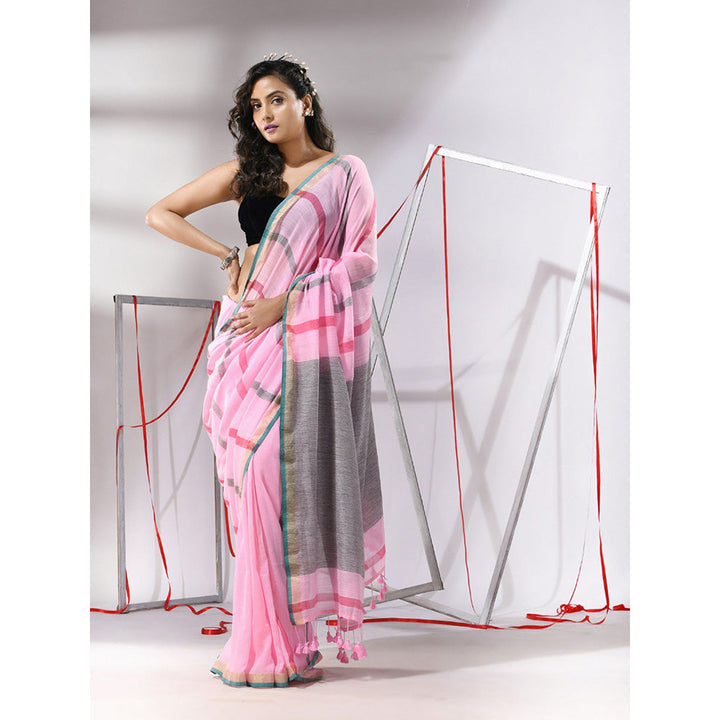 CHARUKRITI Baby Pink Cotton Stripes Design Saree with Unstitched Blouse