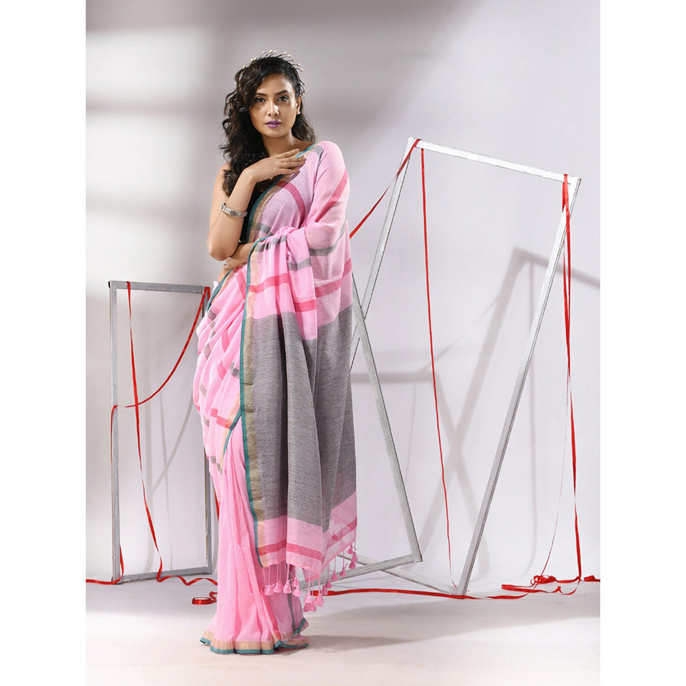 CHARUKRITI Baby Pink Cotton Stripes Design Saree with Unstitched Blouse