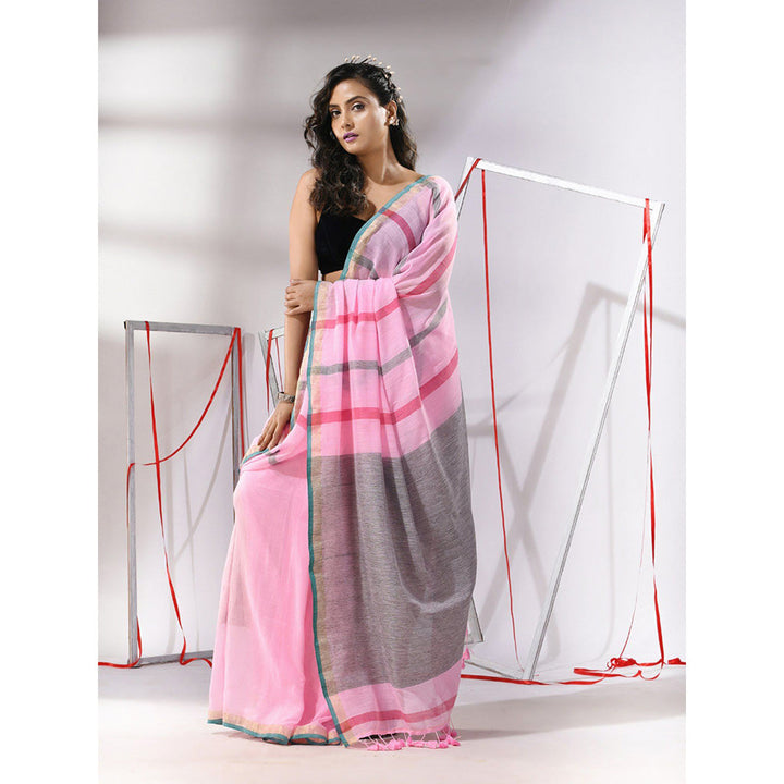 CHARUKRITI Baby Pink Cotton Stripes Design Saree with Unstitched Blouse