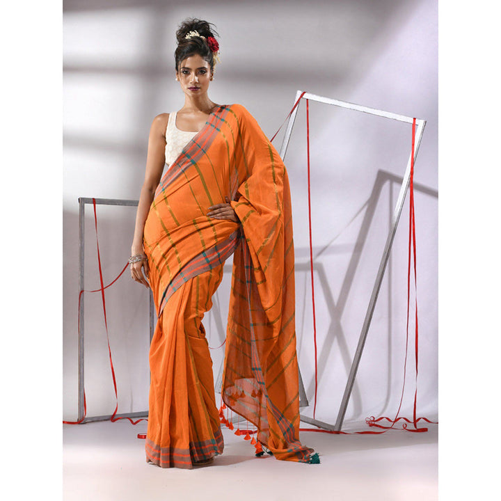 CHARUKRITI Orange Cotton Stripes Border Saree with Unstitched Blouse