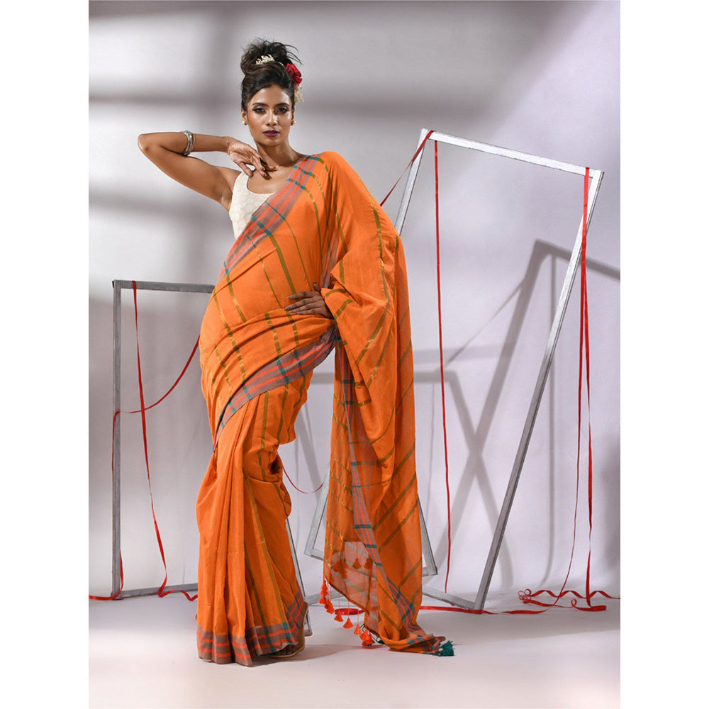 CHARUKRITI Orange Cotton Stripes Border Saree with Unstitched Blouse