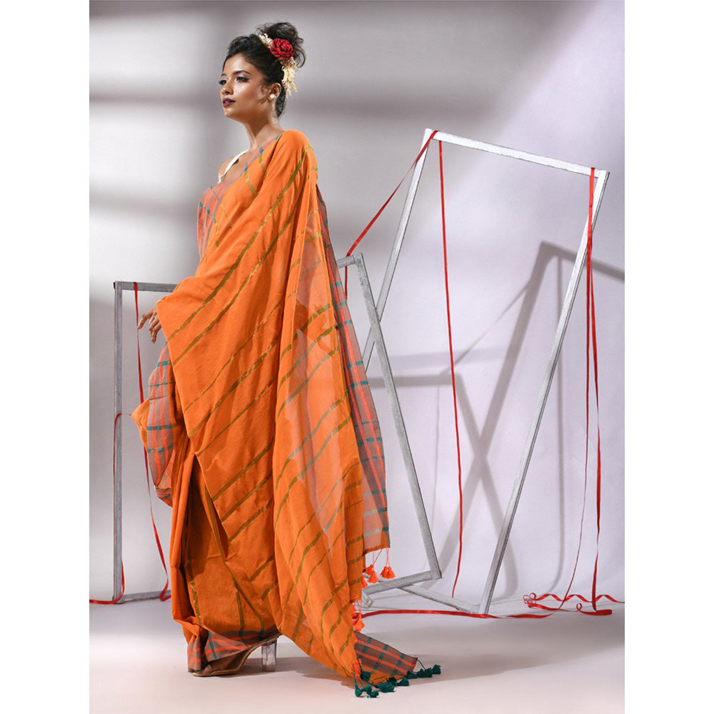 CHARUKRITI Orange Cotton Stripes Border Saree with Unstitched Blouse