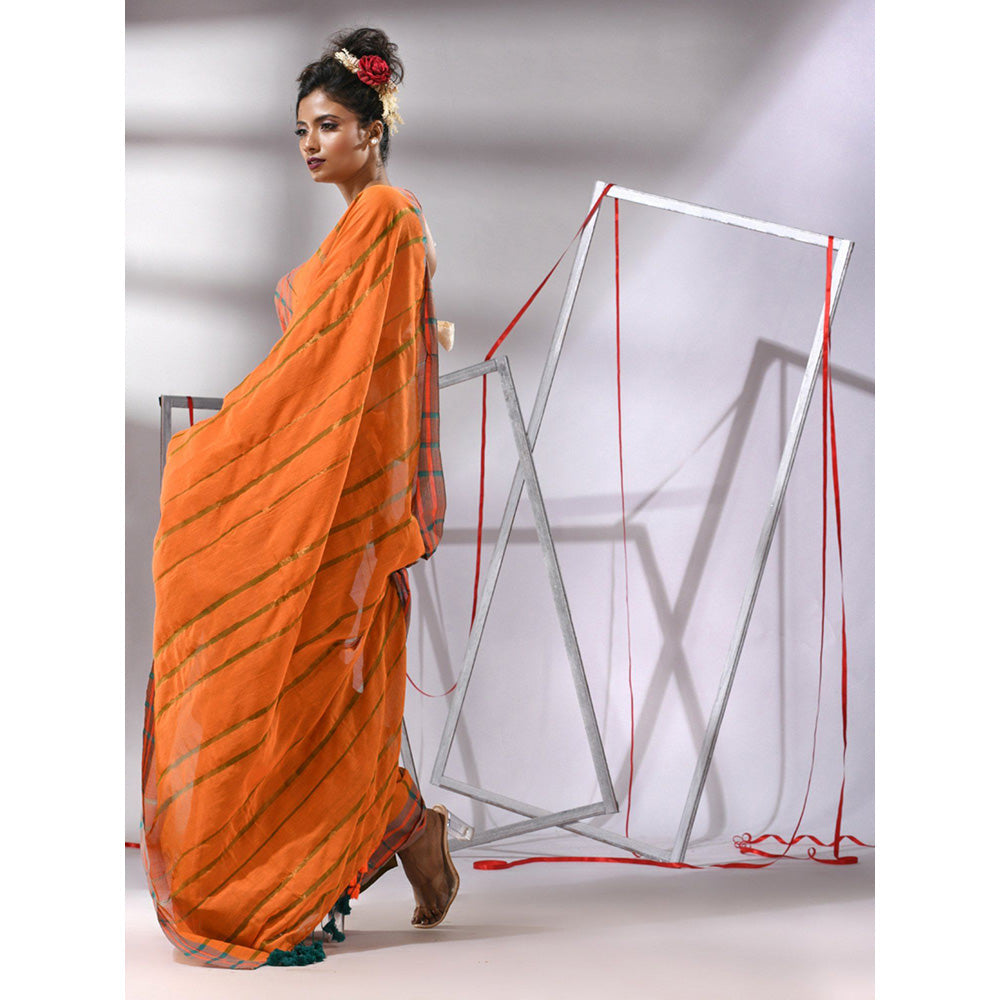 CHARUKRITI Orange Cotton Stripes Border Saree with Unstitched Blouse