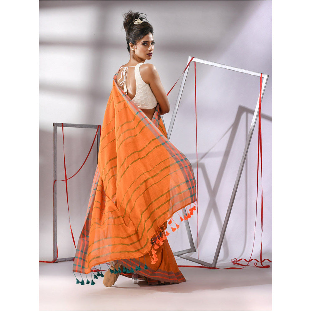 CHARUKRITI Orange Cotton Stripes Border Saree with Unstitched Blouse