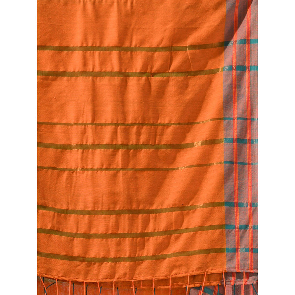 CHARUKRITI Orange Cotton Stripes Border Saree with Unstitched Blouse