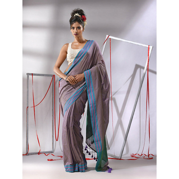 CHARUKRITI Brown Cotton Stripes Border Saree with Unstitched Blouse