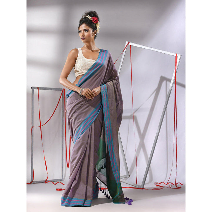 CHARUKRITI Brown Cotton Stripes Border Saree with Unstitched Blouse