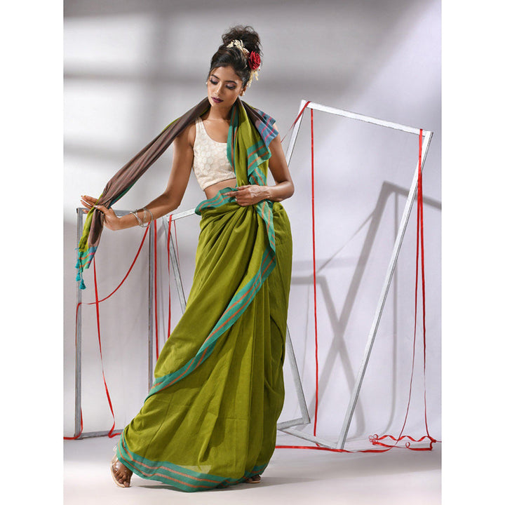 CHARUKRITI Lime Green Cotton Zari Stripes Saree with Unstitched Blouse