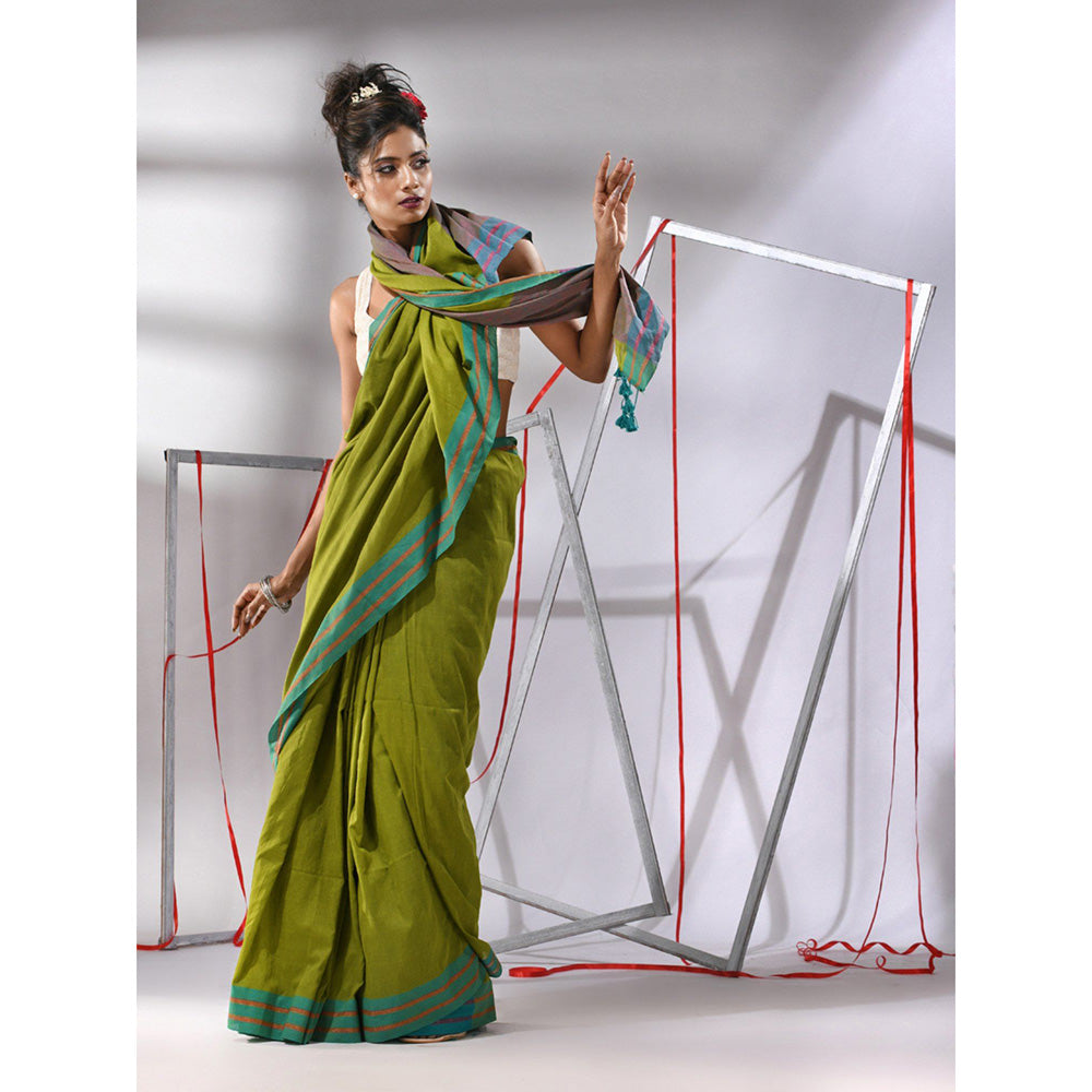 CHARUKRITI Lime Green Cotton Zari Stripes Saree with Unstitched Blouse