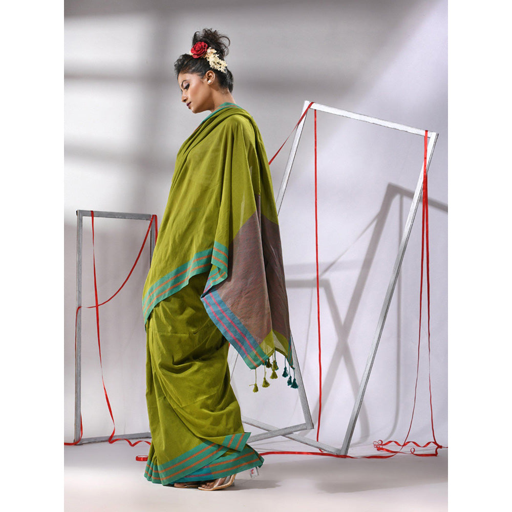 CHARUKRITI Lime Green Cotton Zari Stripes Saree with Unstitched Blouse