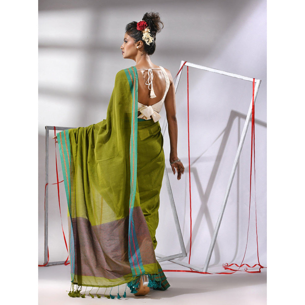 CHARUKRITI Lime Green Cotton Zari Stripes Saree with Unstitched Blouse