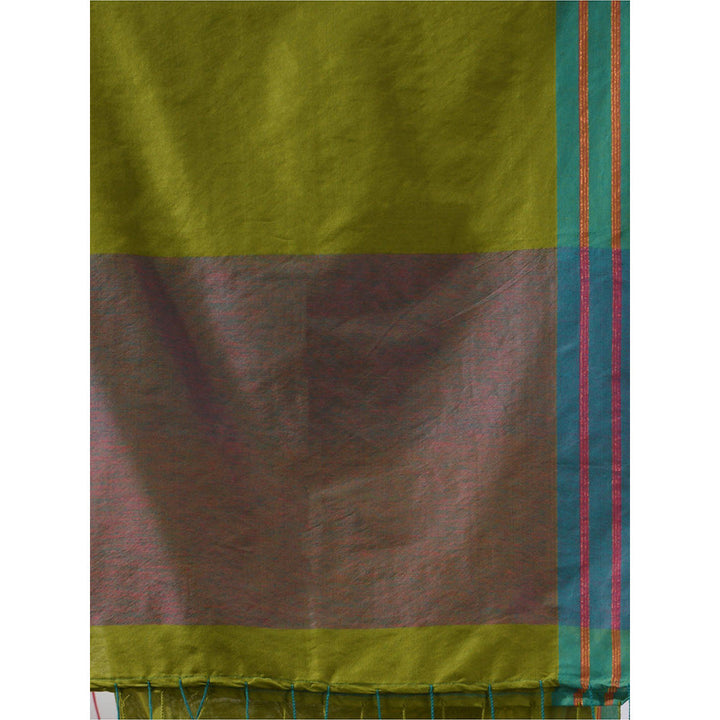 CHARUKRITI Lime Green Cotton Zari Stripes Saree with Unstitched Blouse