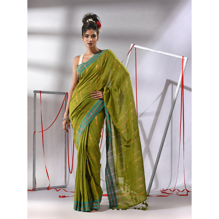 CHARUKRITI Moss Green Cotton Zari Stripes Saree with Unstitched Blouse