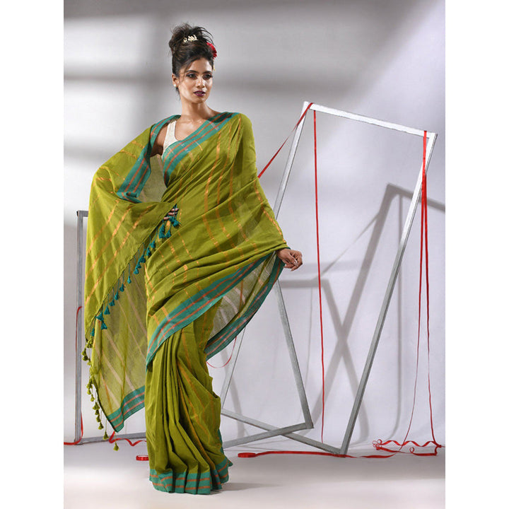 CHARUKRITI Moss Green Cotton Zari Stripes Saree with Unstitched Blouse