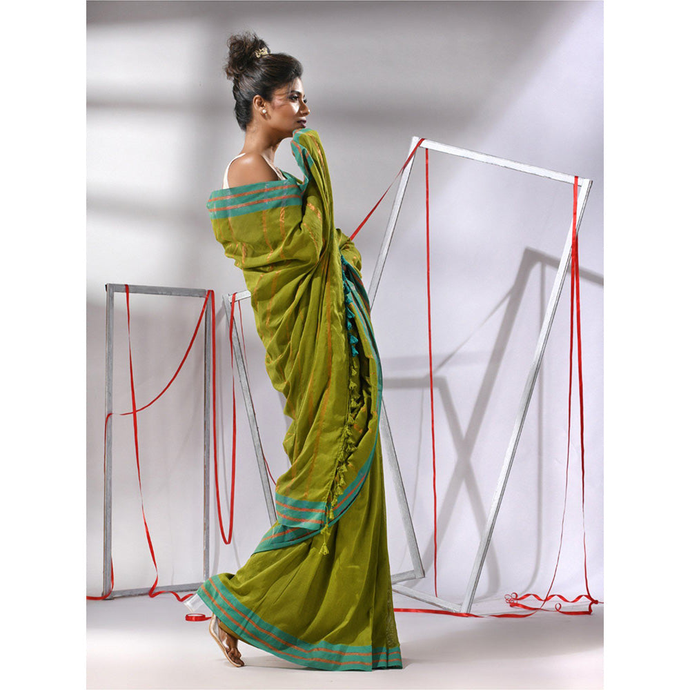 CHARUKRITI Moss Green Cotton Zari Stripes Saree with Unstitched Blouse