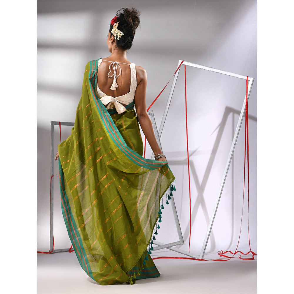 CHARUKRITI Moss Green Cotton Zari Stripes Saree with Unstitched Blouse