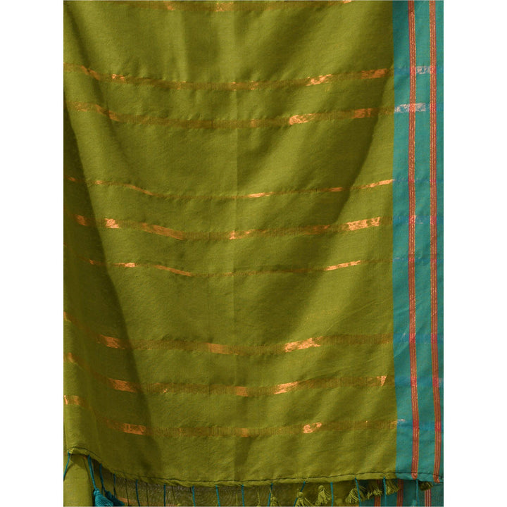 CHARUKRITI Moss Green Cotton Zari Stripes Saree with Unstitched Blouse