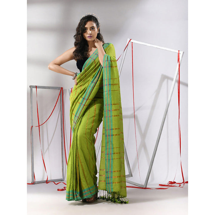 CHARUKRITI Light Green Cotton Zari Stripes Saree with Unstitched Blouse