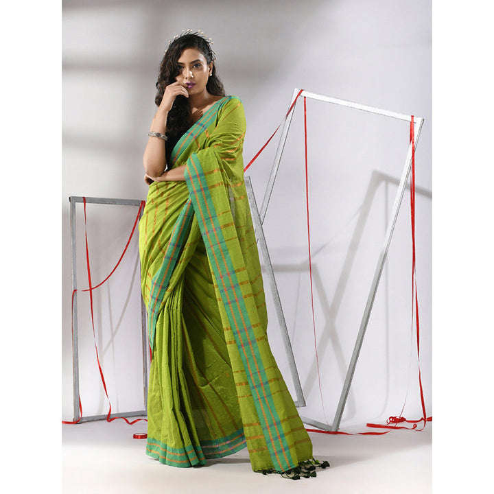 CHARUKRITI Light Green Cotton Zari Stripes Saree with Unstitched Blouse