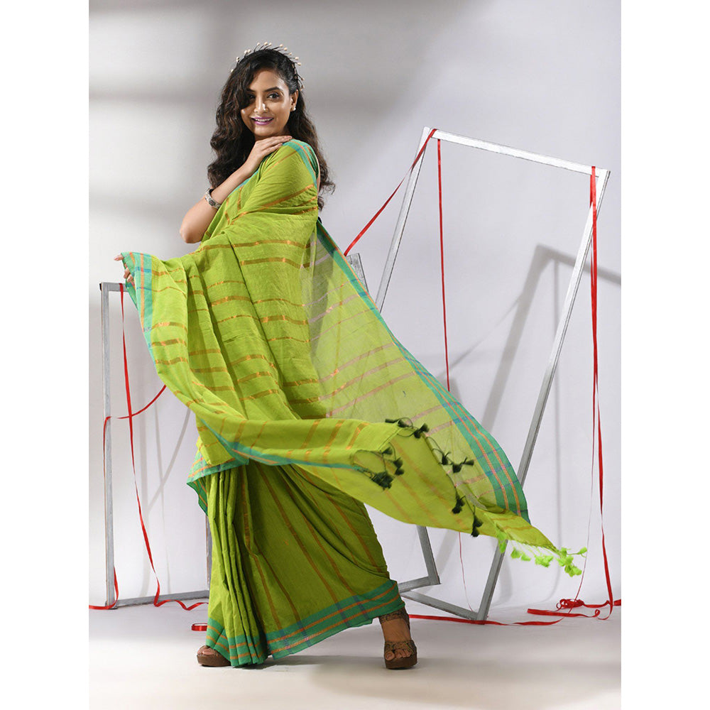 CHARUKRITI Light Green Cotton Zari Stripes Saree with Unstitched Blouse