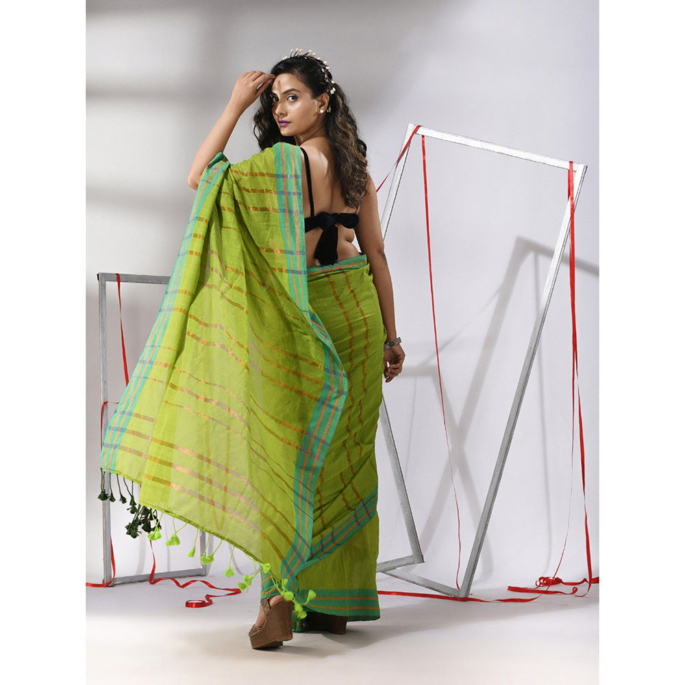 CHARUKRITI Light Green Cotton Zari Stripes Saree with Unstitched Blouse