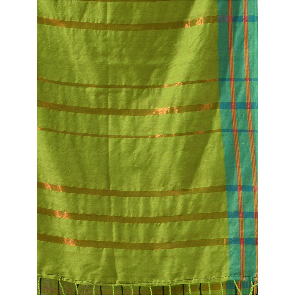 CHARUKRITI Light Green Cotton Zari Stripes Saree with Unstitched Blouse