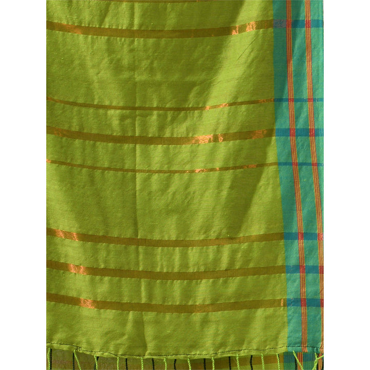 CHARUKRITI Light Green Cotton Zari Stripes Saree with Unstitched Blouse