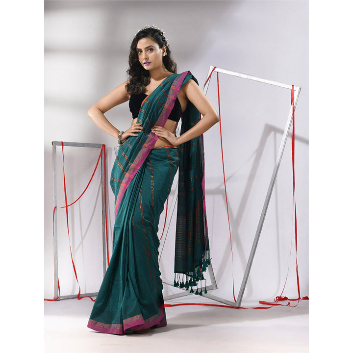 CHARUKRITI Teal Soft Cotton Zari Stripe Designs Saree with Unstitched Blouse