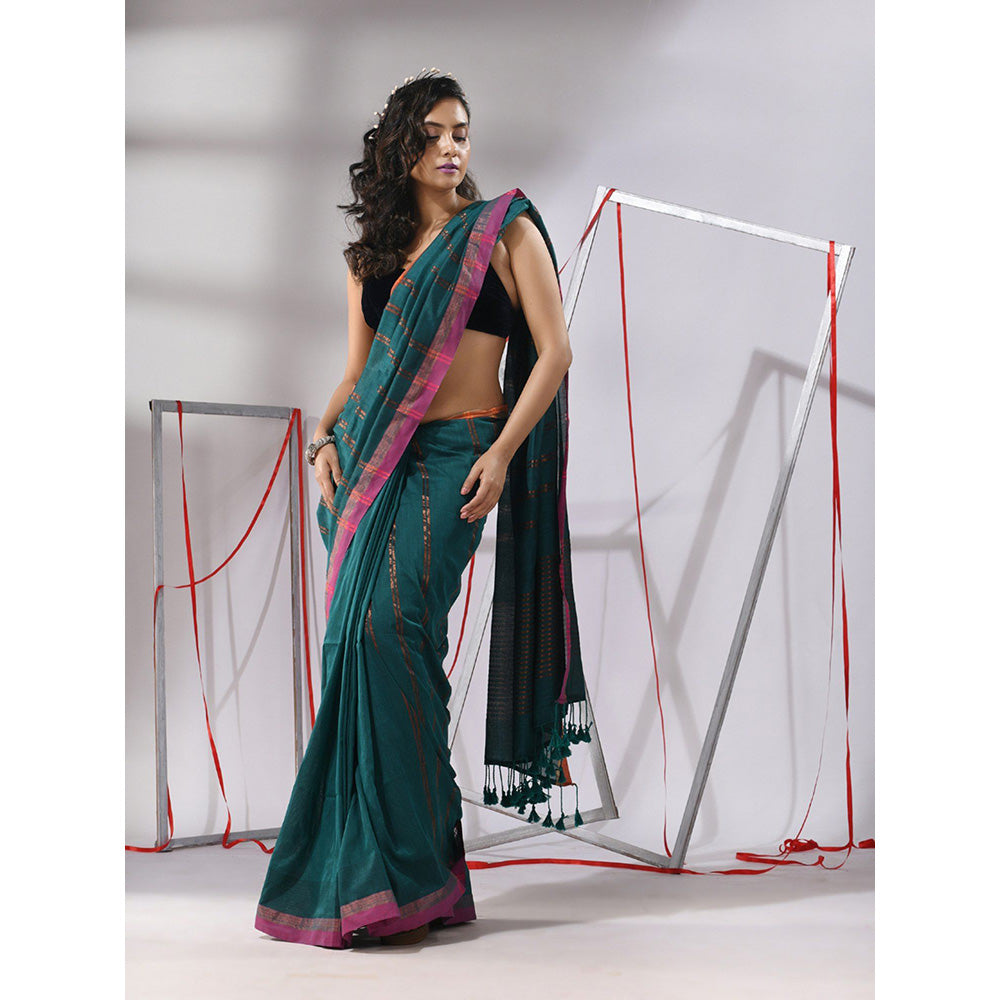 CHARUKRITI Teal Soft Cotton Zari Stripe Designs Saree with Unstitched Blouse