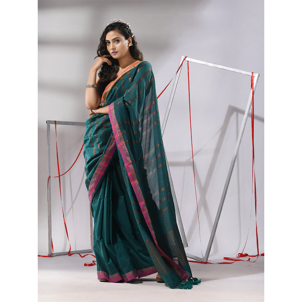 CHARUKRITI Teal Soft Cotton Zari Stripe Designs Saree with Unstitched Blouse