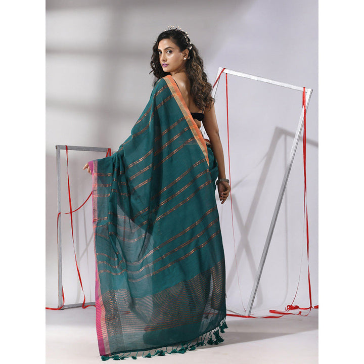 CHARUKRITI Teal Soft Cotton Zari Stripe Designs Saree with Unstitched Blouse