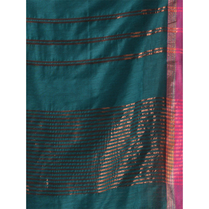 CHARUKRITI Teal Soft Cotton Zari Stripe Designs Saree with Unstitched Blouse