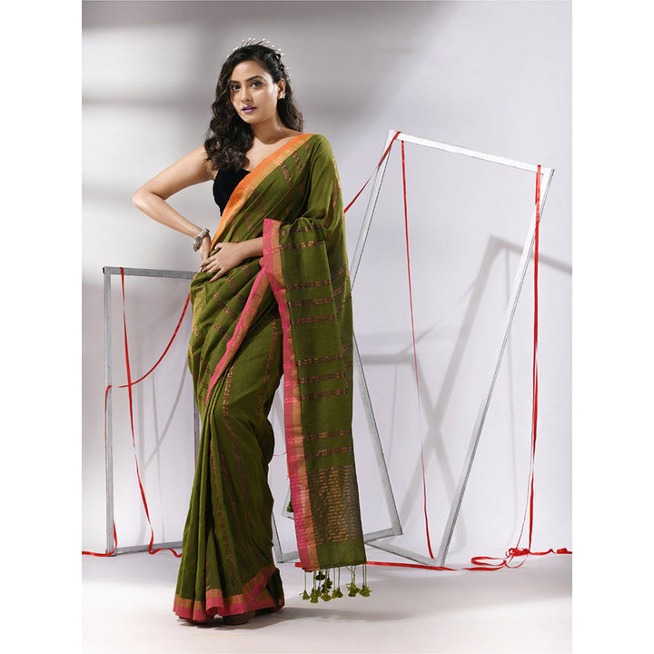 CHARUKRITI Sap Green Soft Cotton Zari Stripe Designs Saree with Unstitched Blouse