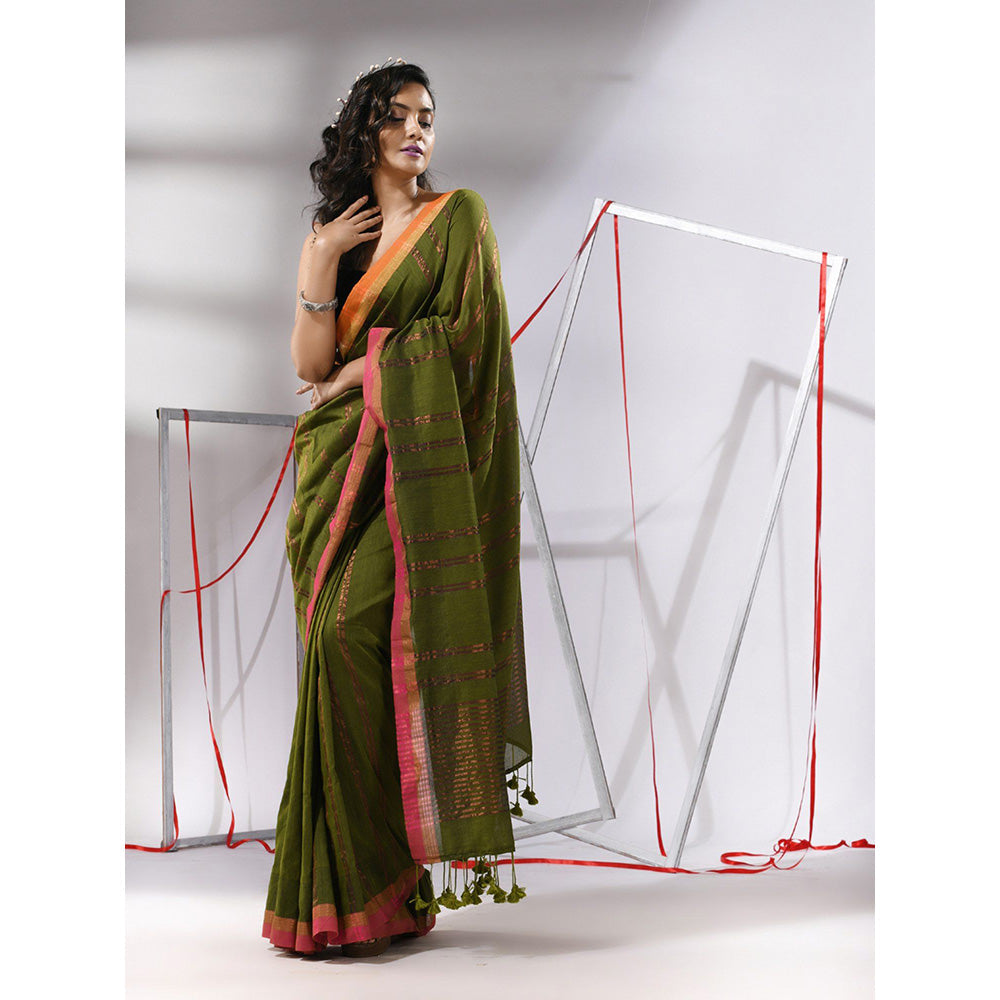 CHARUKRITI Sap Green Soft Cotton Zari Stripe Designs Saree with Unstitched Blouse